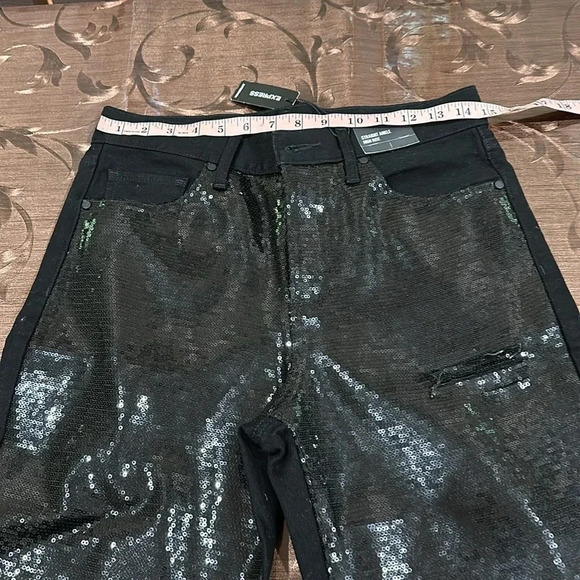 Express 
High Waisted Sequin Front Ripped Raw Hem Straight Ankle Jeans - Picture 5 of 9